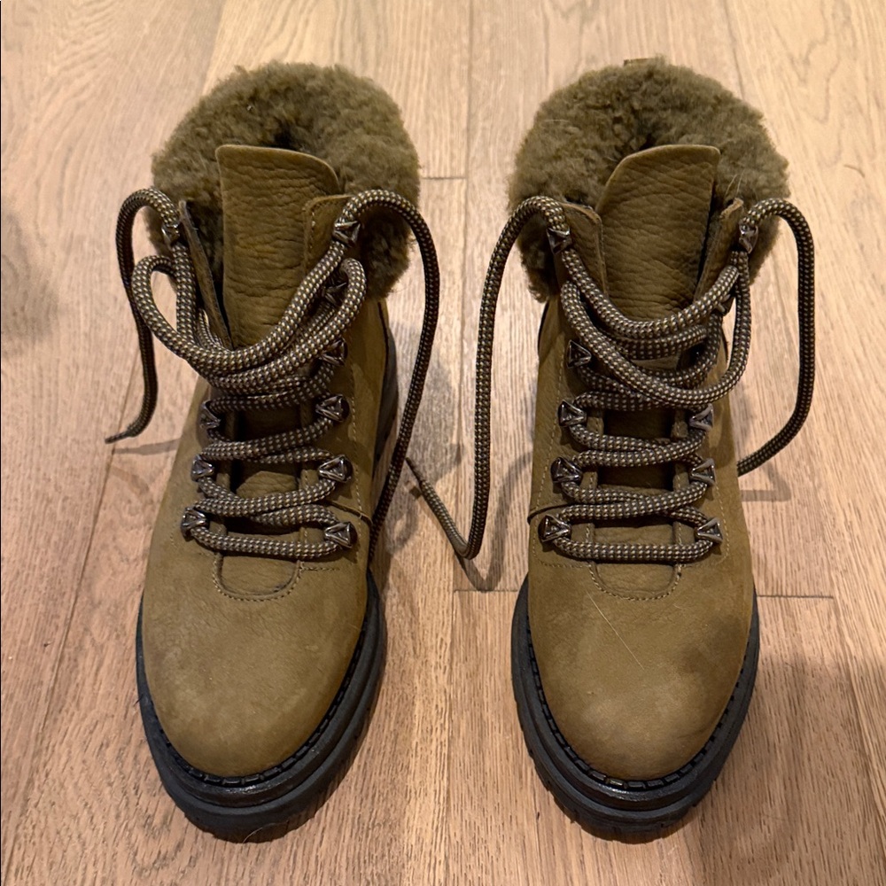 M. Gemi Olive Green Shearling-Trim Lace-Up Hiking Boots